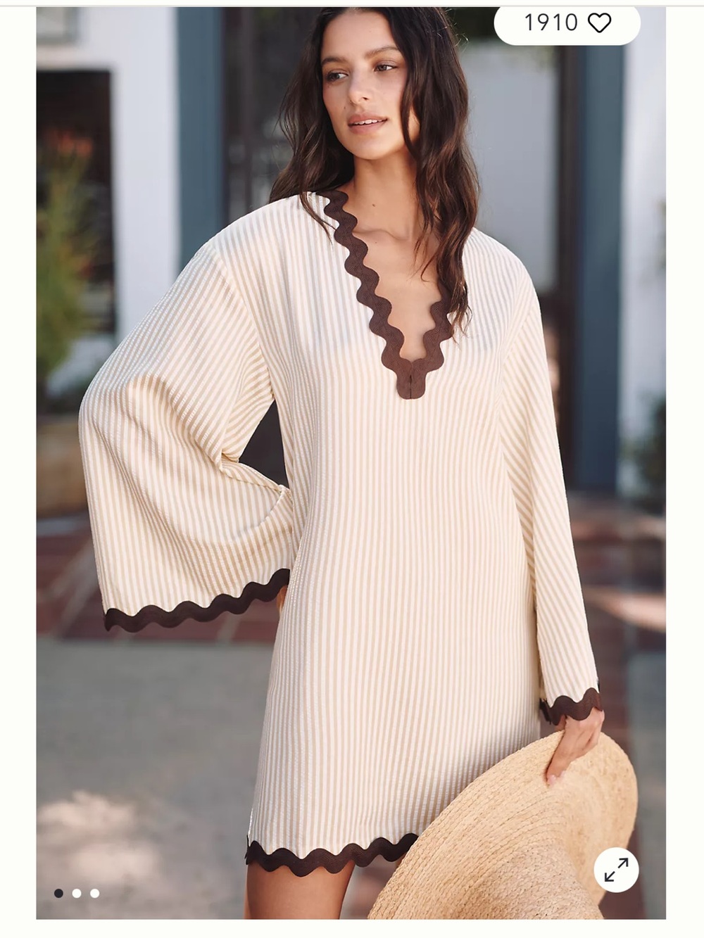 Anthropologie Cream Striped Tunic with Brown Wavy Trim - Picture 2 of 2